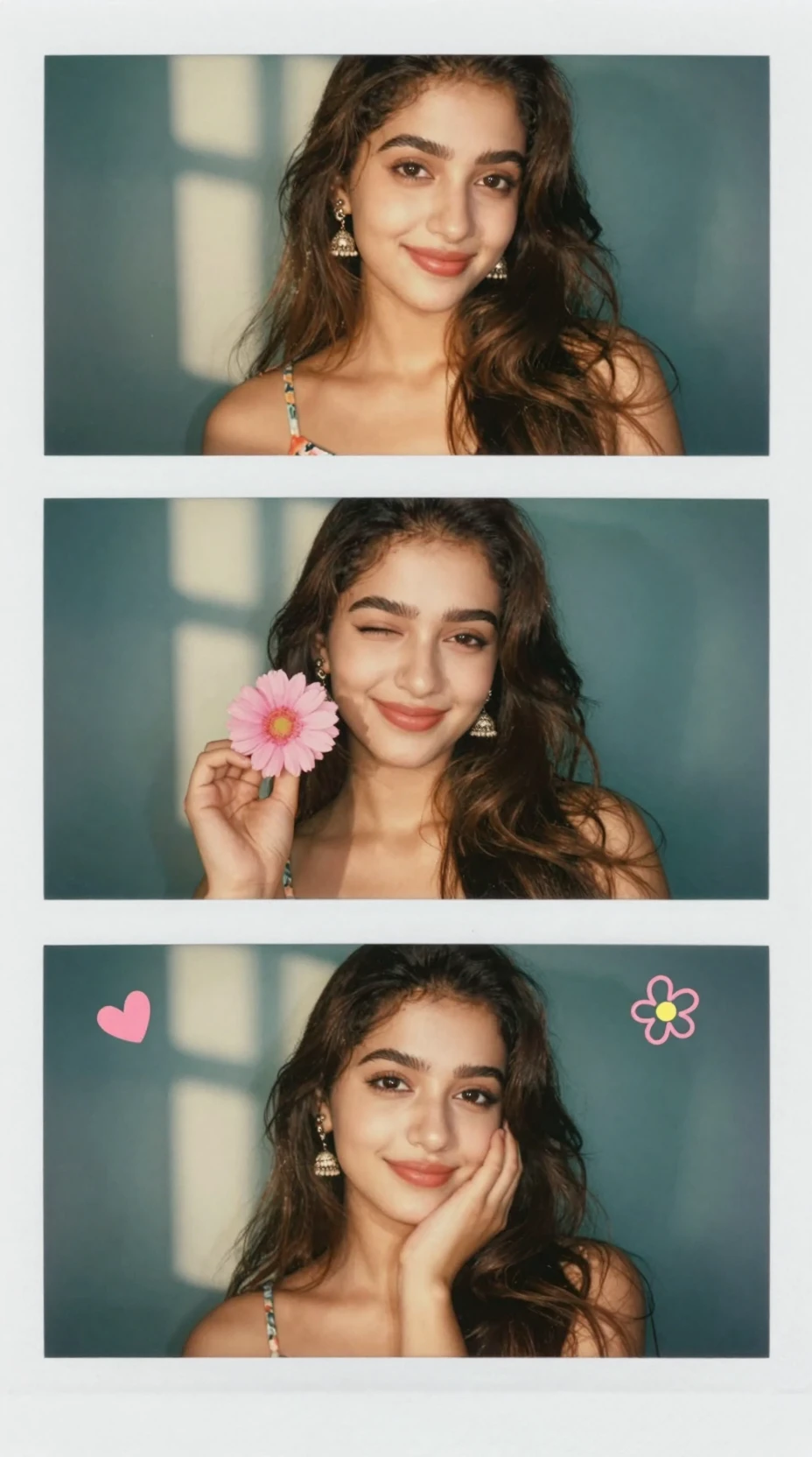 A young south asian girl poses in a three panel selfie collage