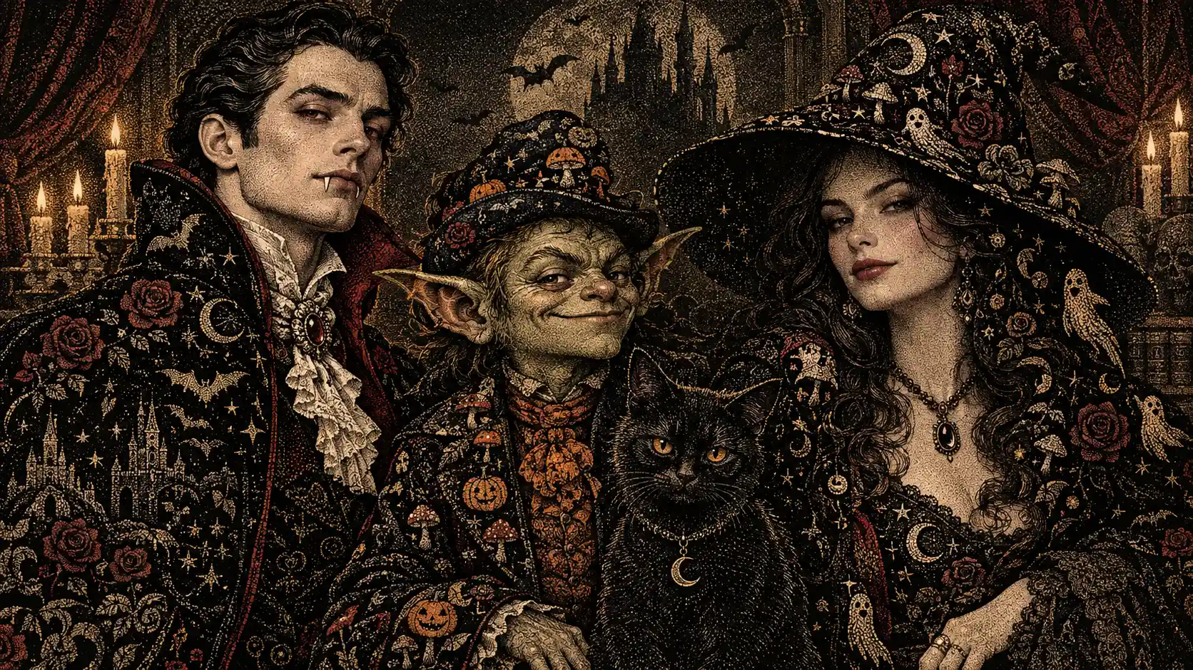 Tres aristócratas de Halloween posan juntos en un simbólico retrato familiar punteado