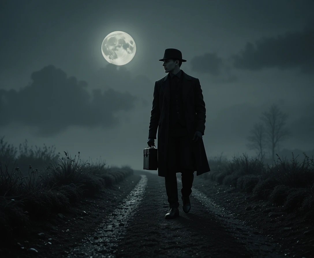 A lone man climbs a moonlit path with a briefcase