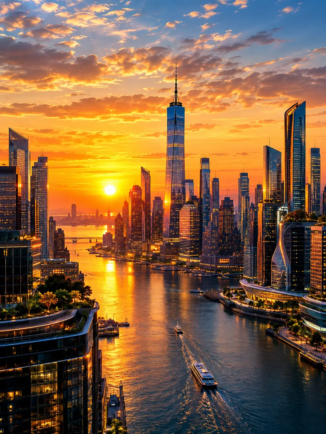 Sunset Light Shines Through a Futuristic New York City Skyline