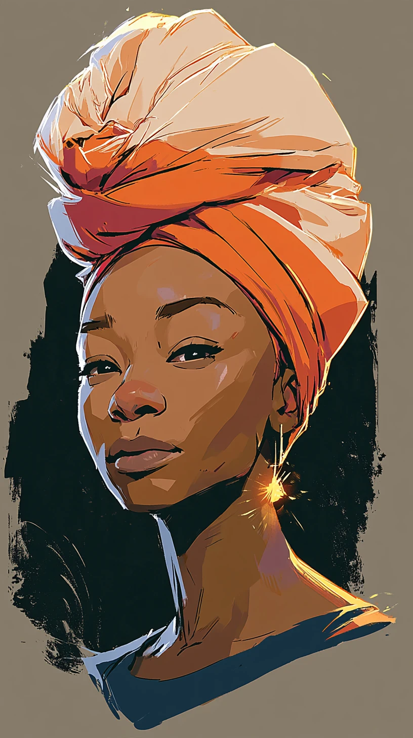 A painterly portrait of a woman with a striking direct gaze