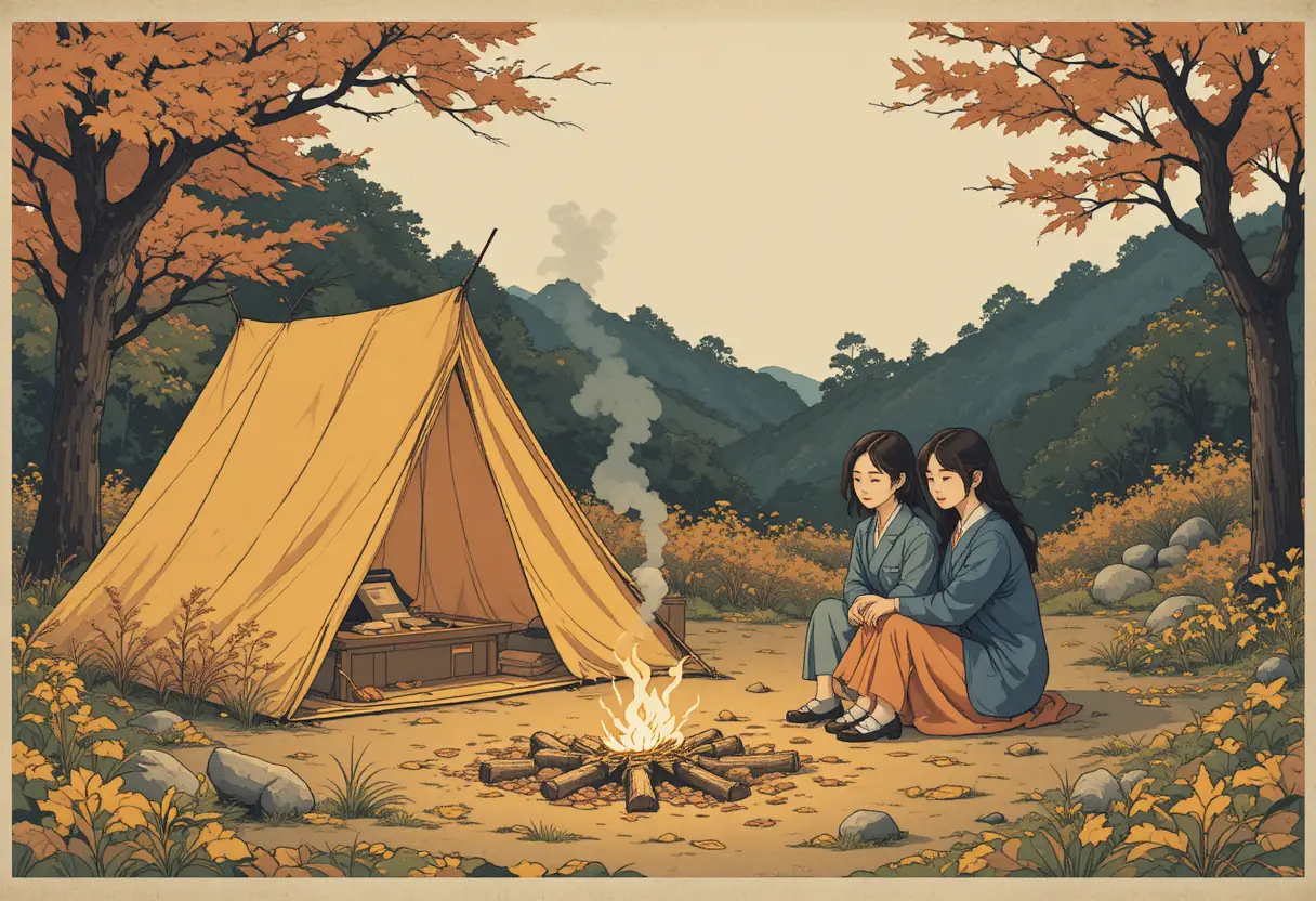 Dos mujeres jóvenes en un campamento otoñal con estilo de ilustración ukiyo-e