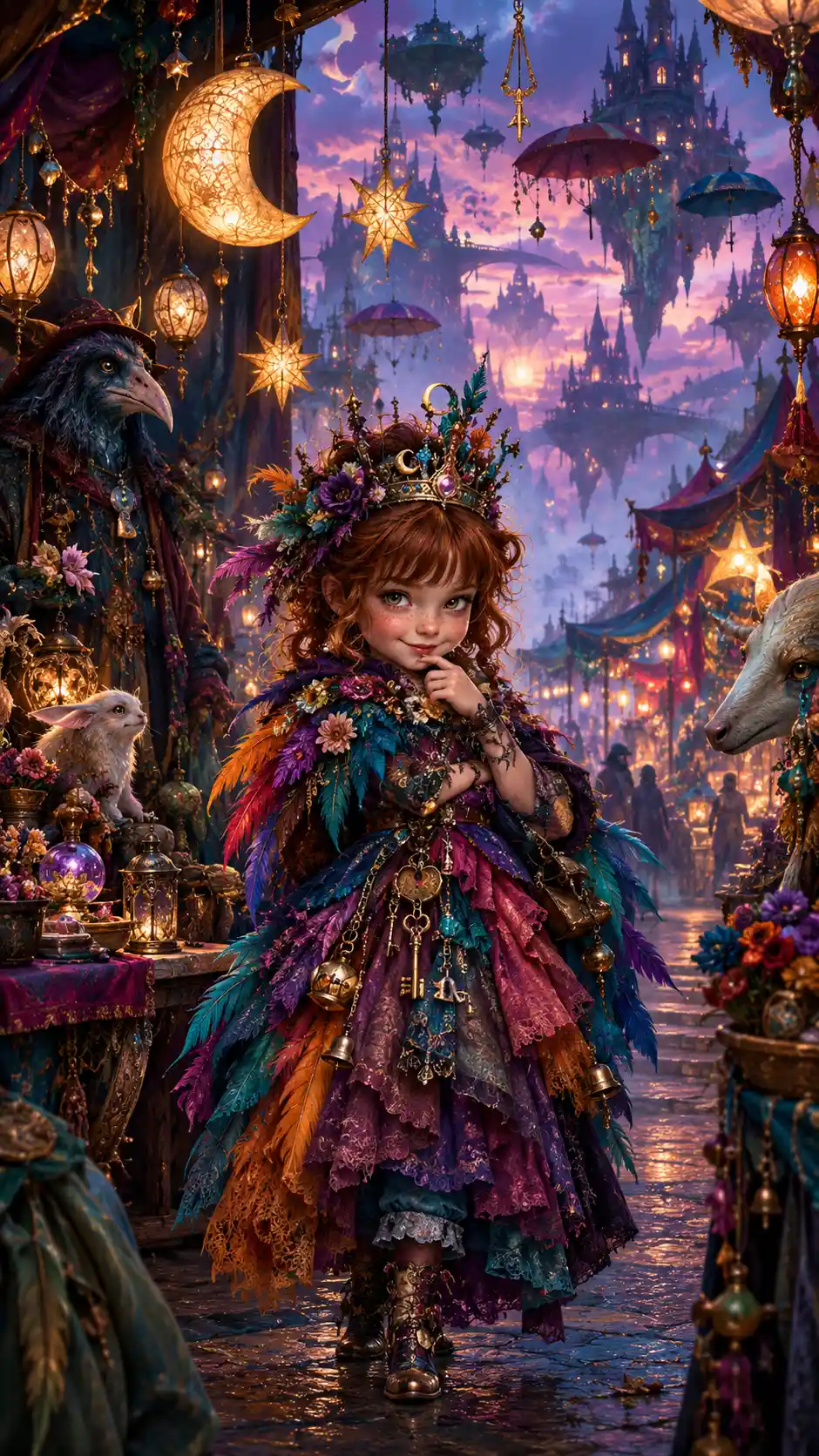 A tiny fantasy queen stands in a twilight marketplace in ornate costume
