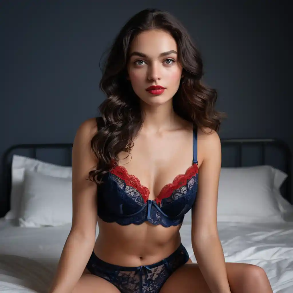 白いベッドの上で赤いレースのランジェリー姿でポーズをとる若い女性