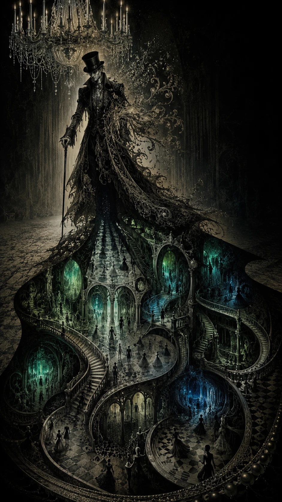 A spectral gentleman beneath a chandelier casting an impossible ballroom shadow