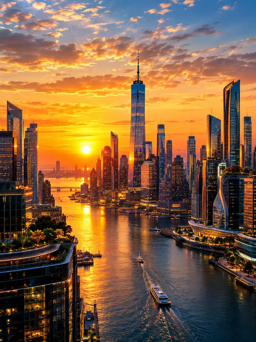 Sunset Light Shines Through a Futuristic New York City Skyline