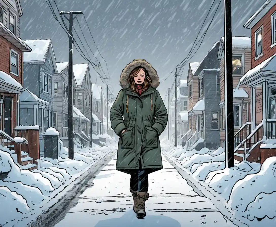A Woman Trudges Through Deep Snow Along A Suburban Street