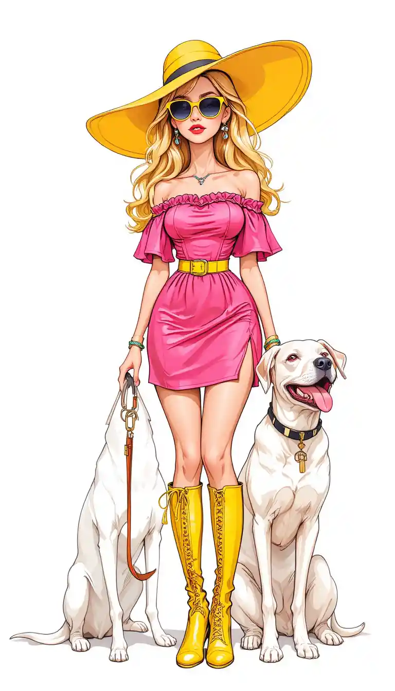 Una mujer glamurosa vestida de rosa junto a un labrador blanco