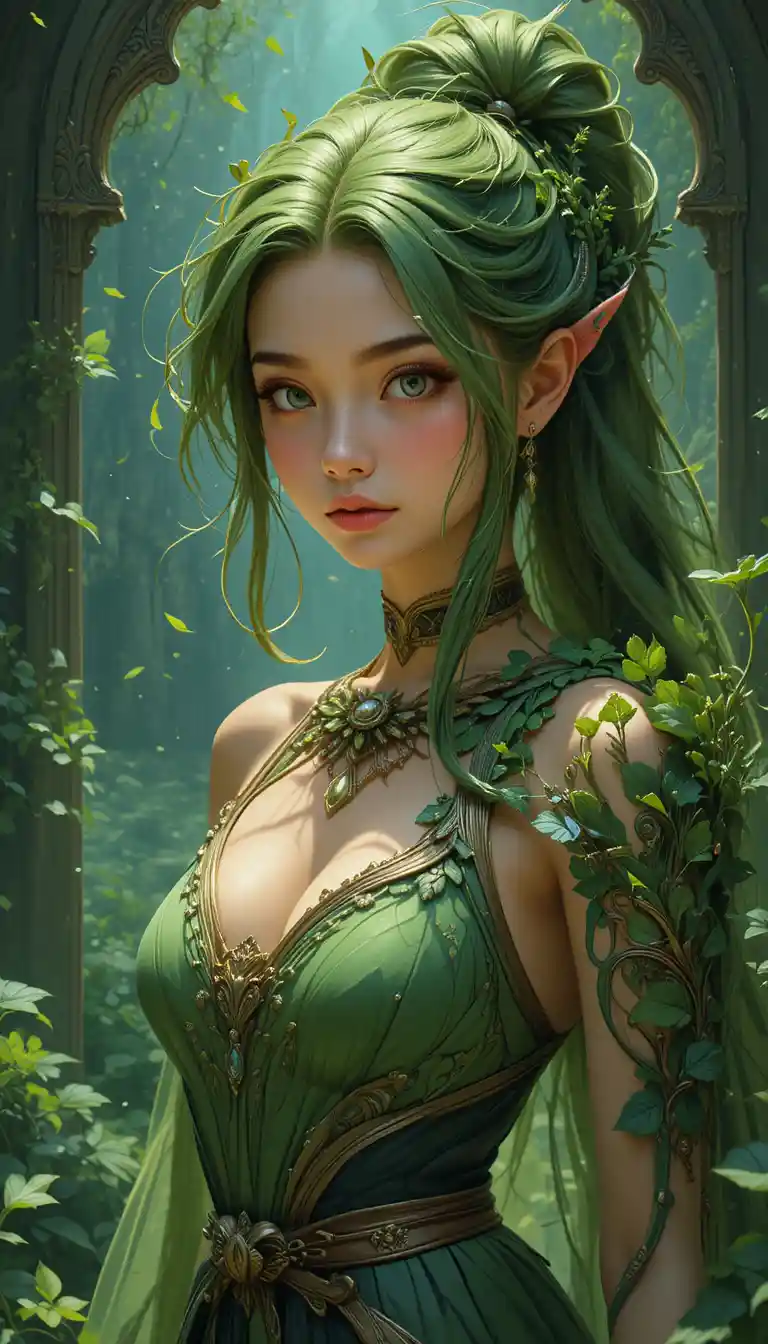 A Young Fantasy Heroine With Wooden Horns And A Leaf Cape