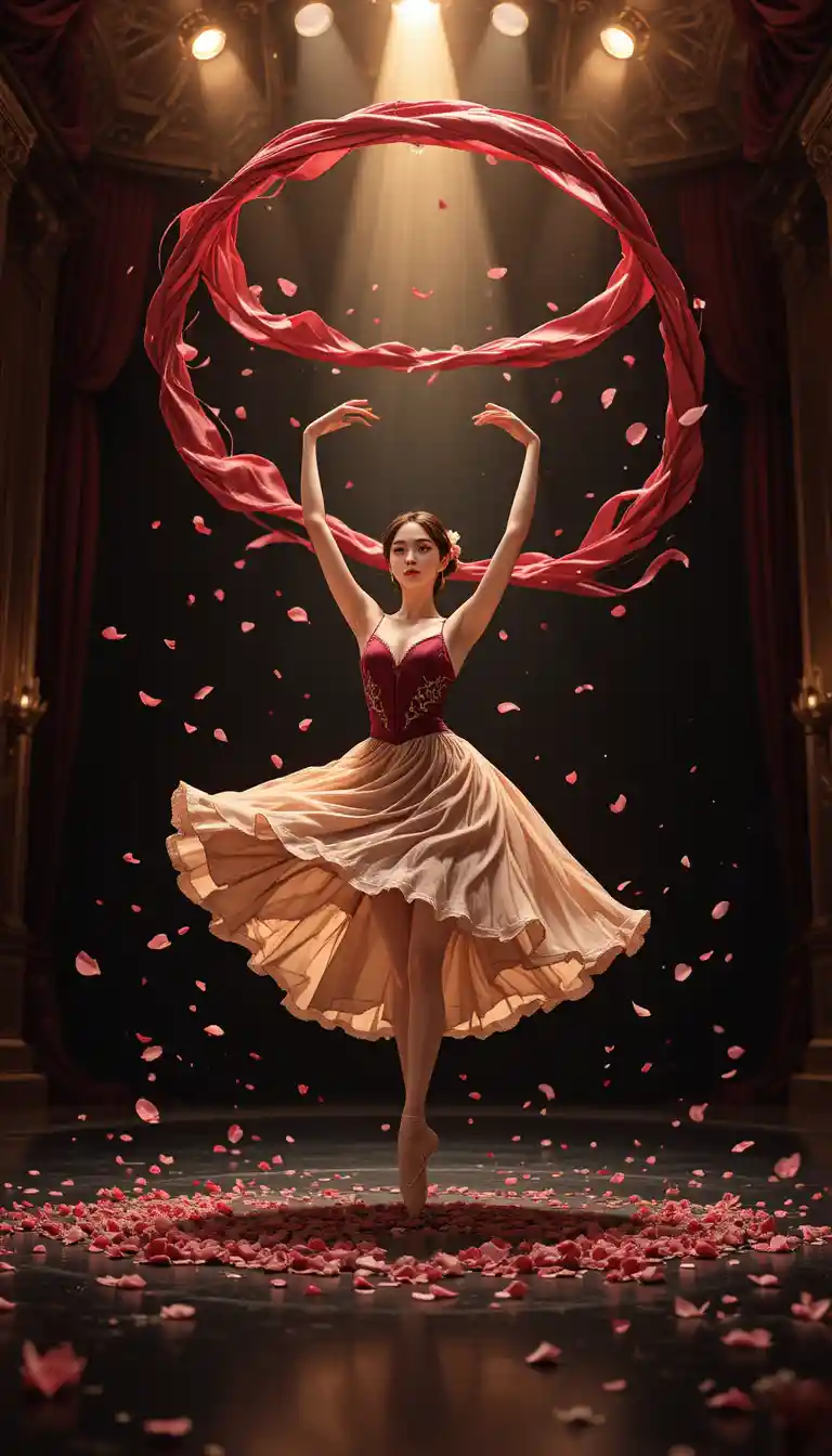 A ballerina performs beneath a sweeping ribbon on a theater stage