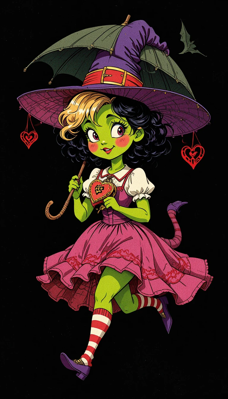 A Victorian girl holds a heart locket beneath a Valentine umbrella