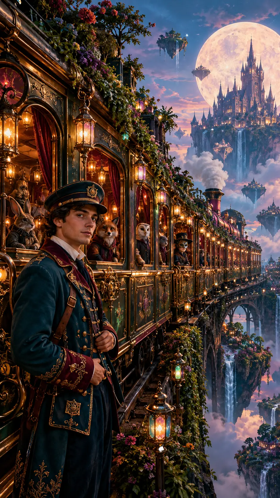 Un joven revisor está junto a un tren ornamentado en un paisaje fantástico