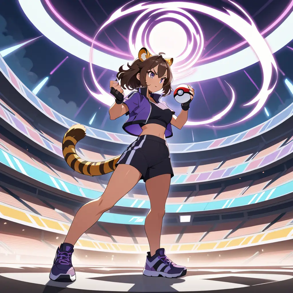 Anime tiger woman trainer stands inside a Pokémon battle arena