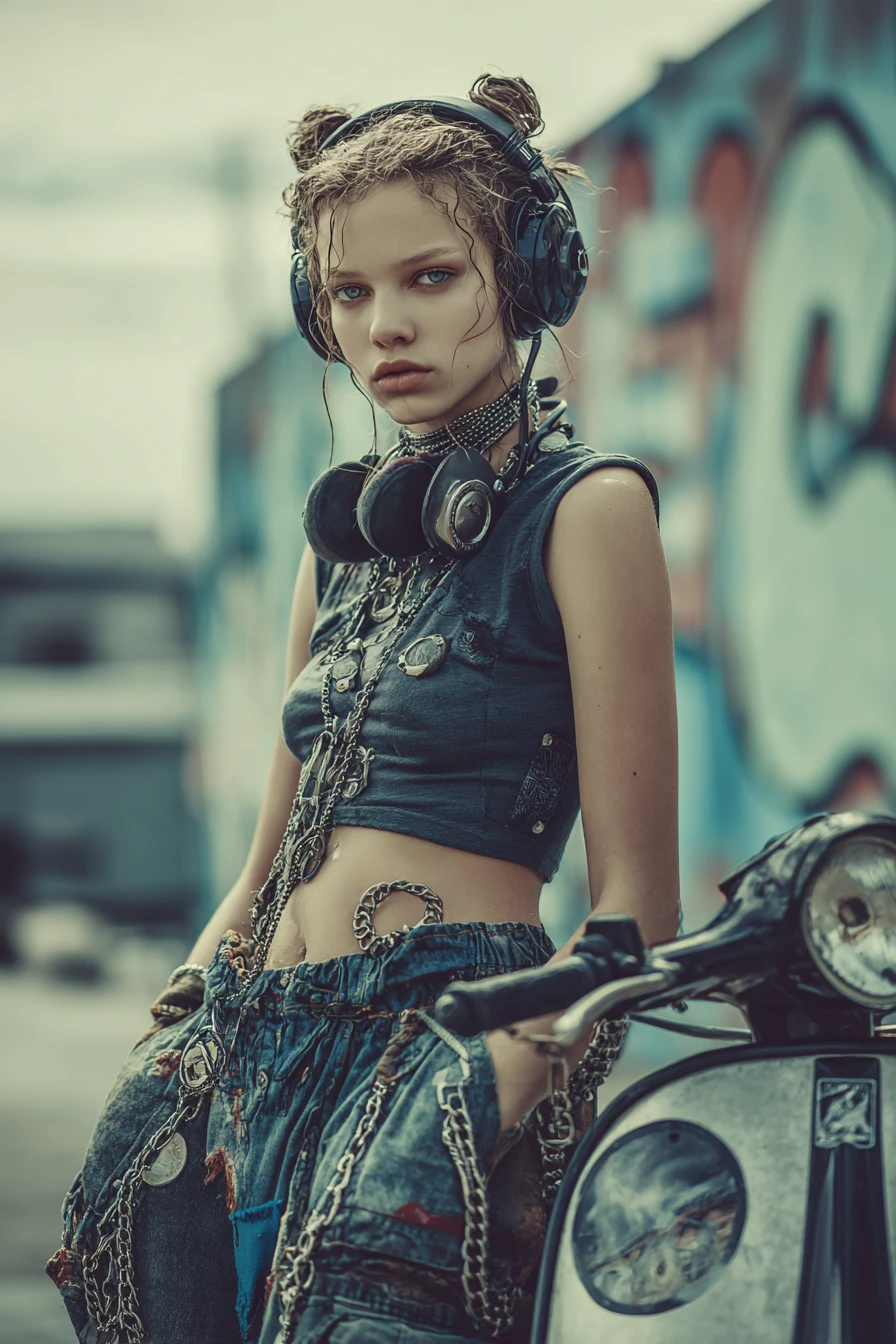 A Curly-Haired Girl Stands With Folded Arms Before a Scooter