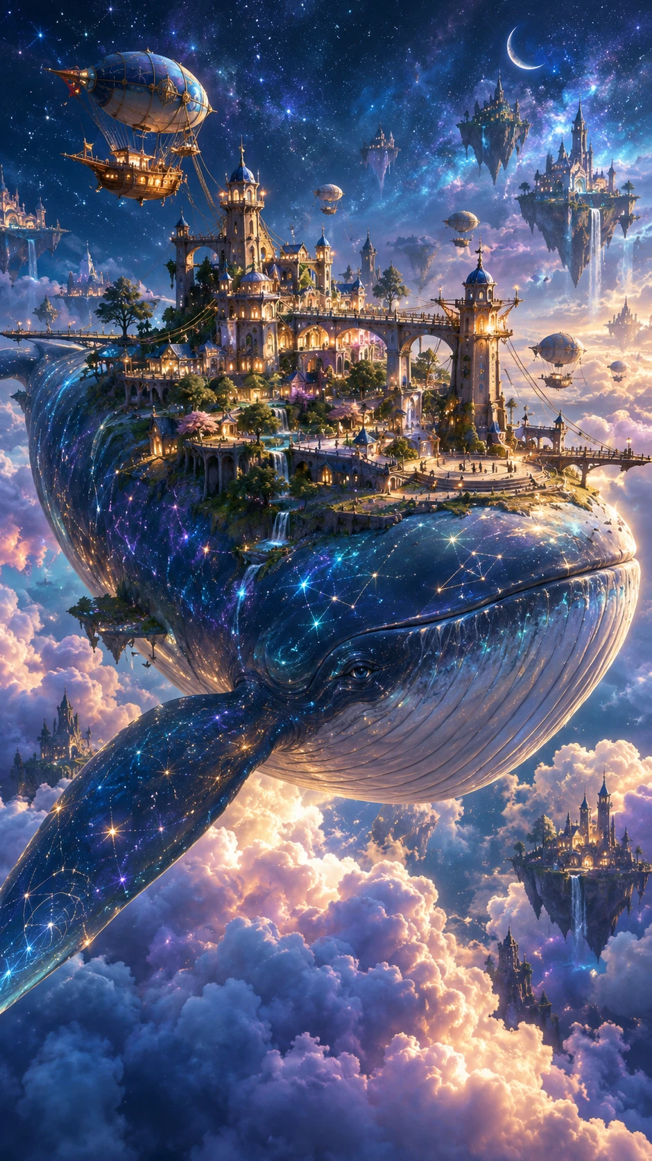 A gentle whale carries a glowing city through the night sky