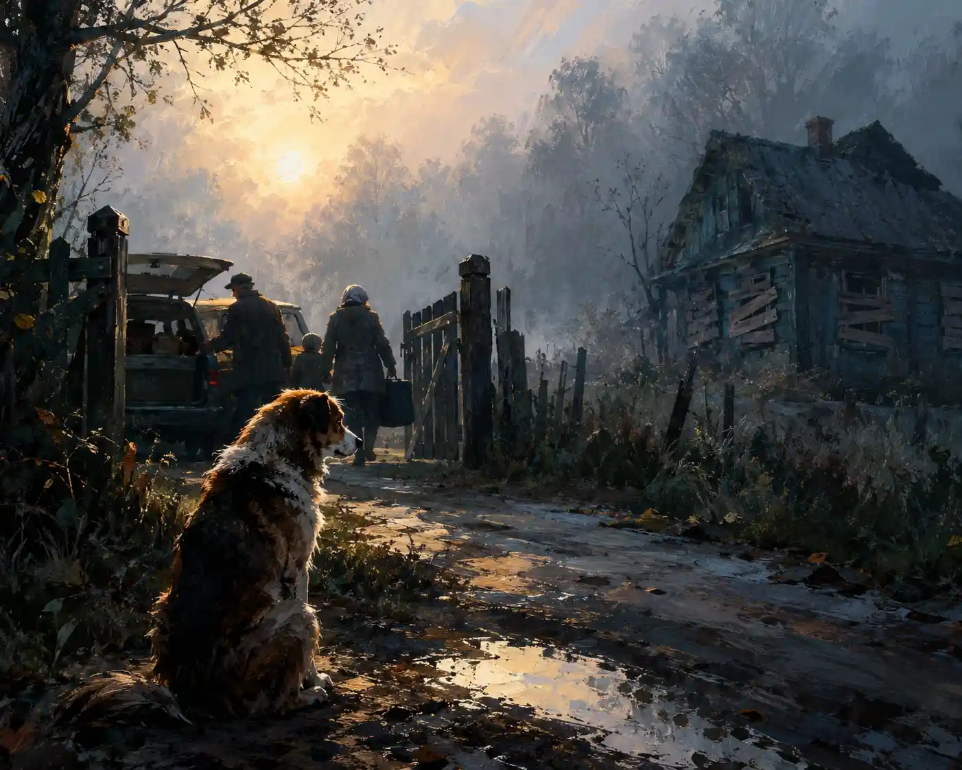 Ein Hund beobachtet vor einem nebligen Landhaus die Menschen beim Aufbrechen