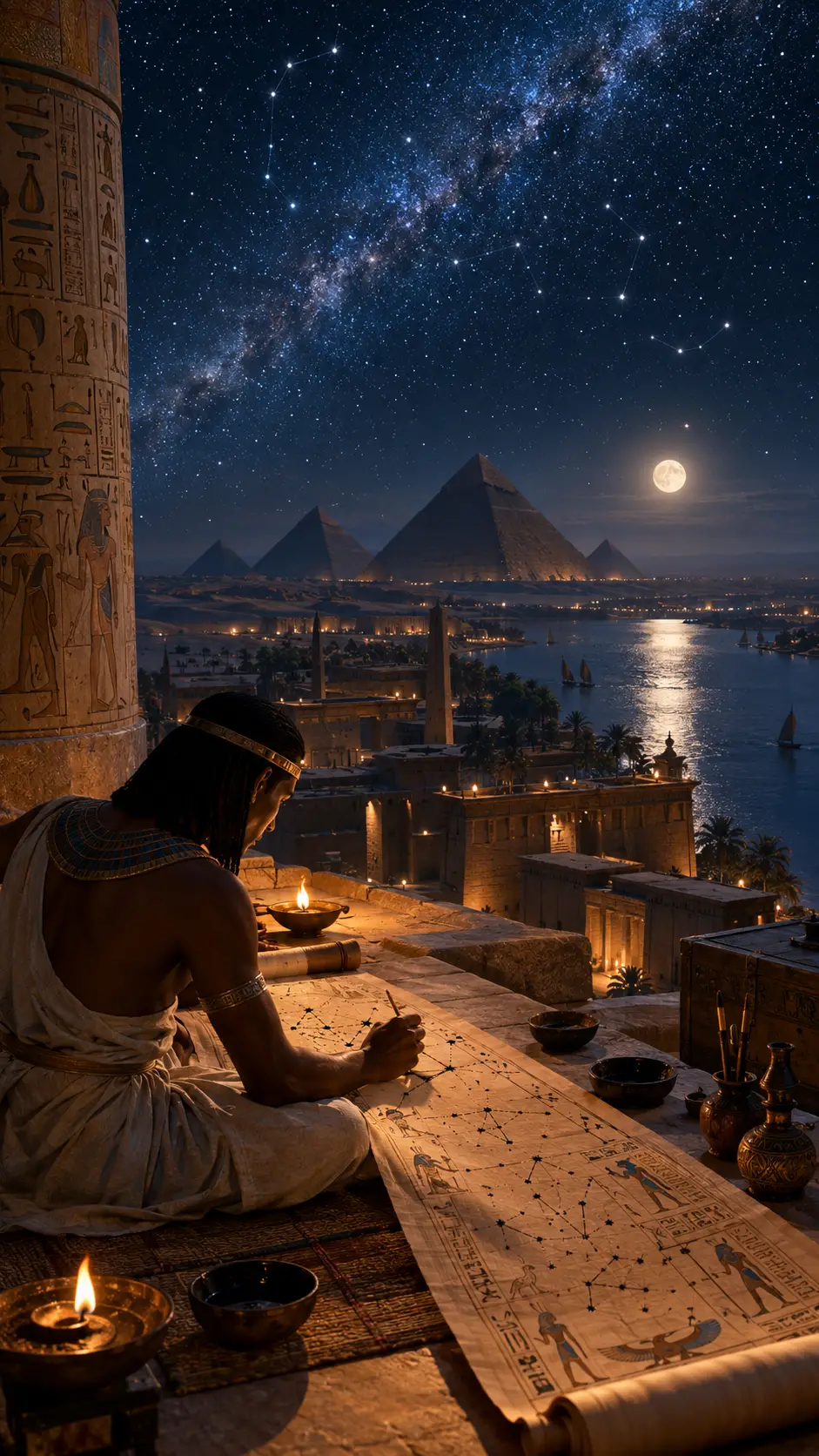 Um escriba egípcio pinta constelações sob as estrelas correspondentes no terraço de um templo