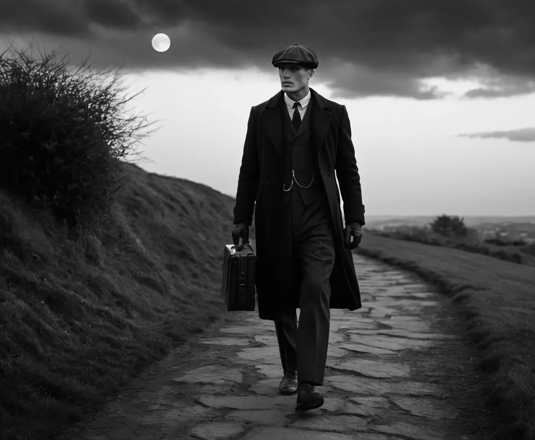 A lone man walks along a moonlit path in dark formal clothing
