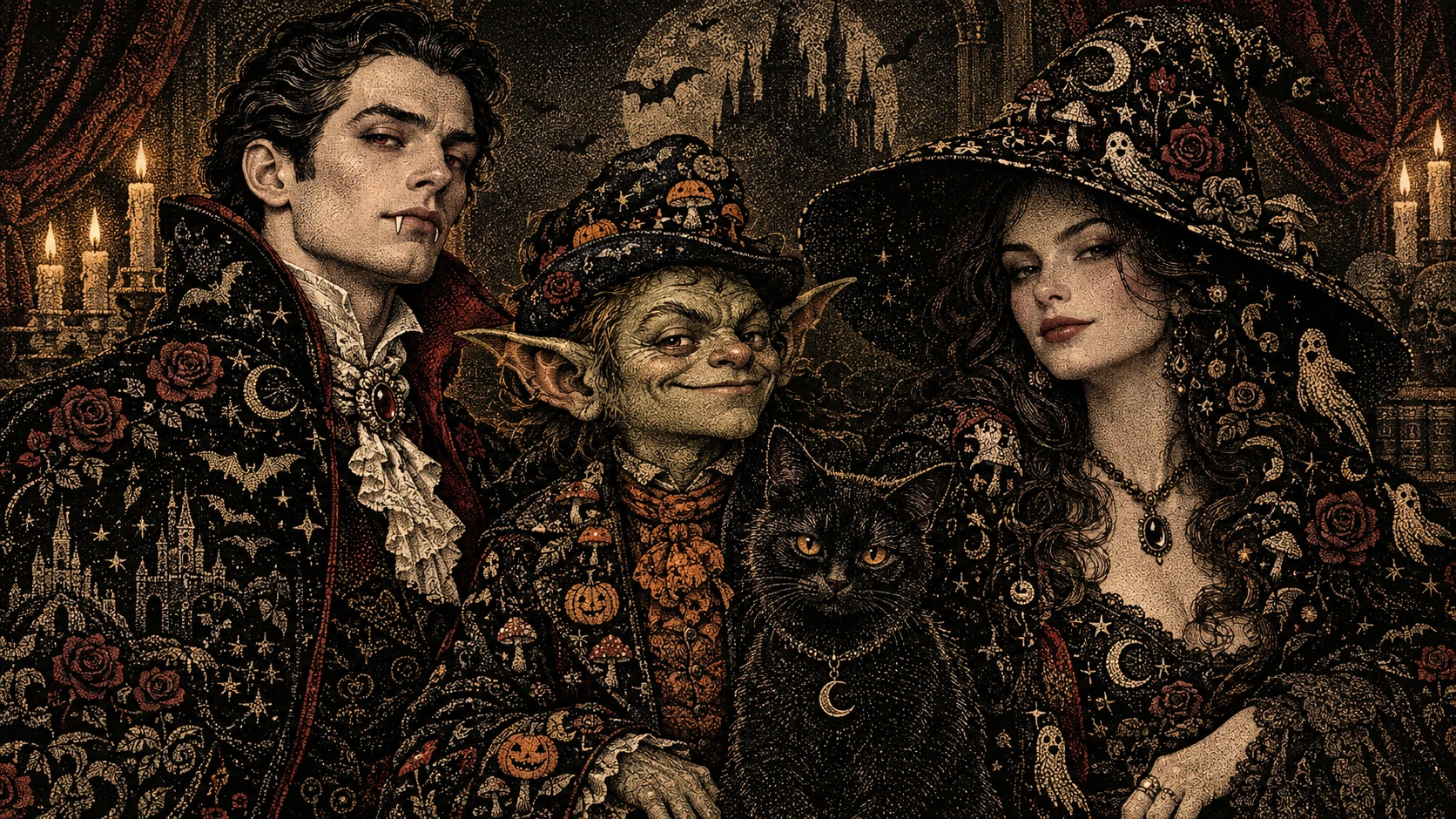 Tres aristócratas de Halloween posan juntos en un simbólico retrato familiar punteado