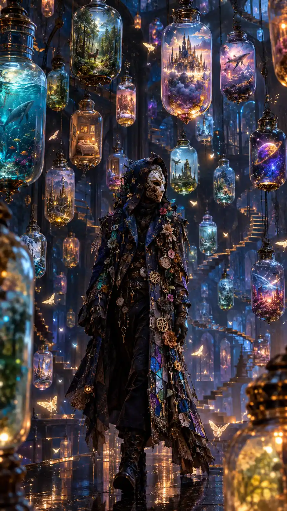A masked figure walks through a chamber of suspended glass bottles