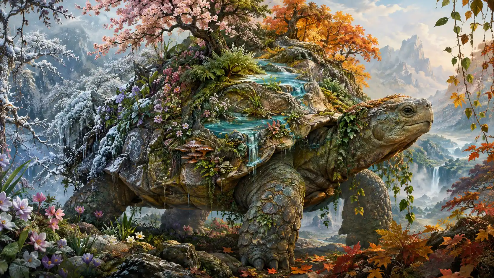 An ancient tortoise wanders through a surreal four-season botanical landscape