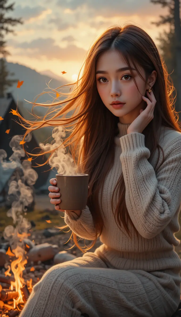 해 질 녘 숲속 모닥불 곁에서 핫초콜릿을 든 여성