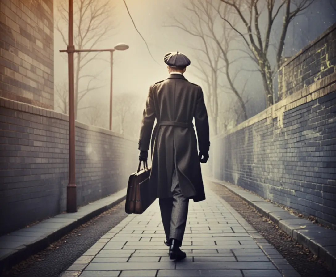 A silhouetted man climbs a moonlit path carrying an old briefcase