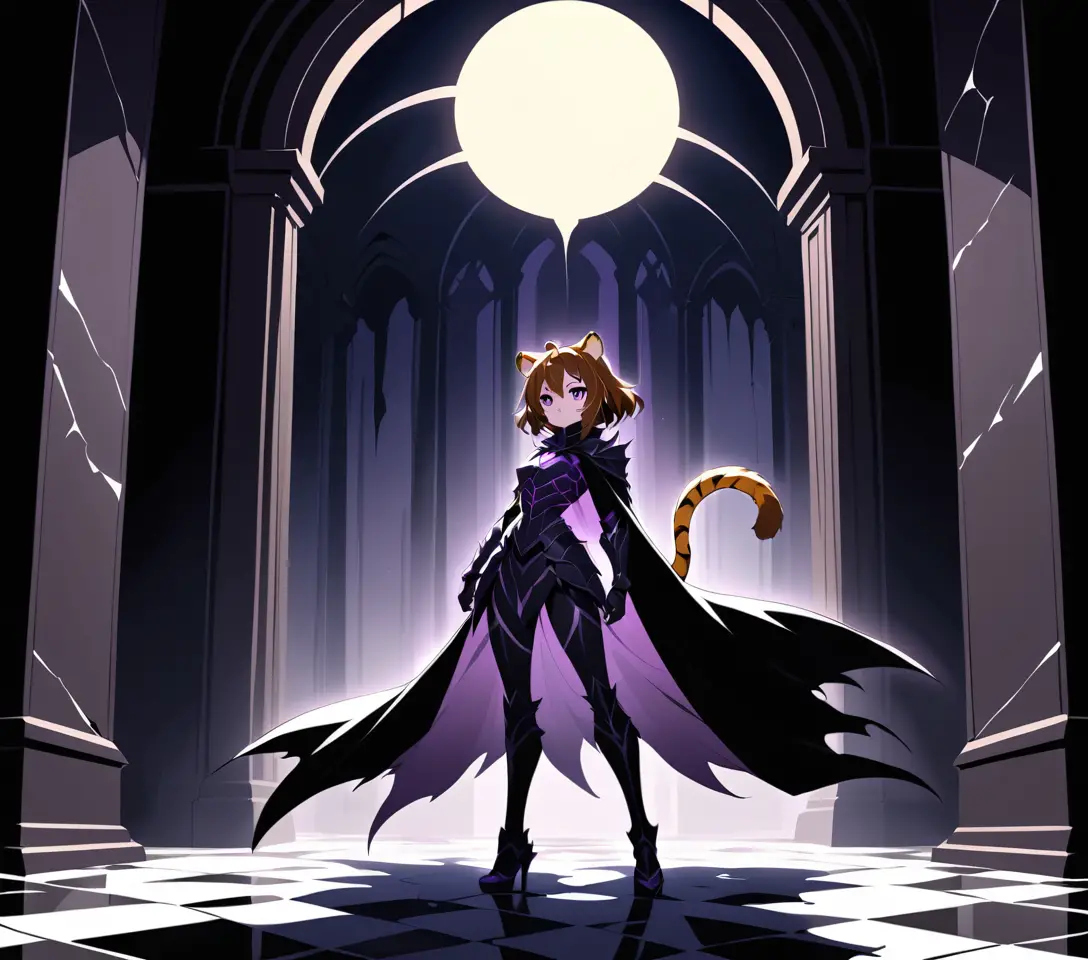 Anime Woman Stands Beside an Obsidian Throne in a Dark Palace Hall