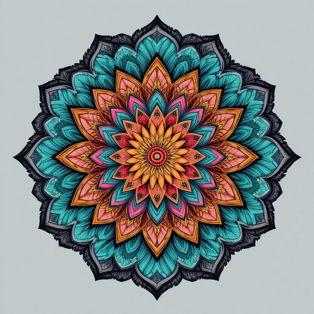 Symmetrisches Blumenmandala mit übereinanderliegenden Blütenblättern und leuchtenden Farben