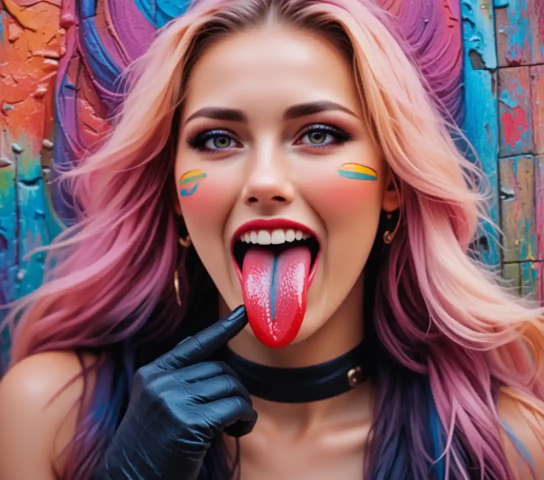 Une femme montre un piercing jaune à la langue et une langue colorée