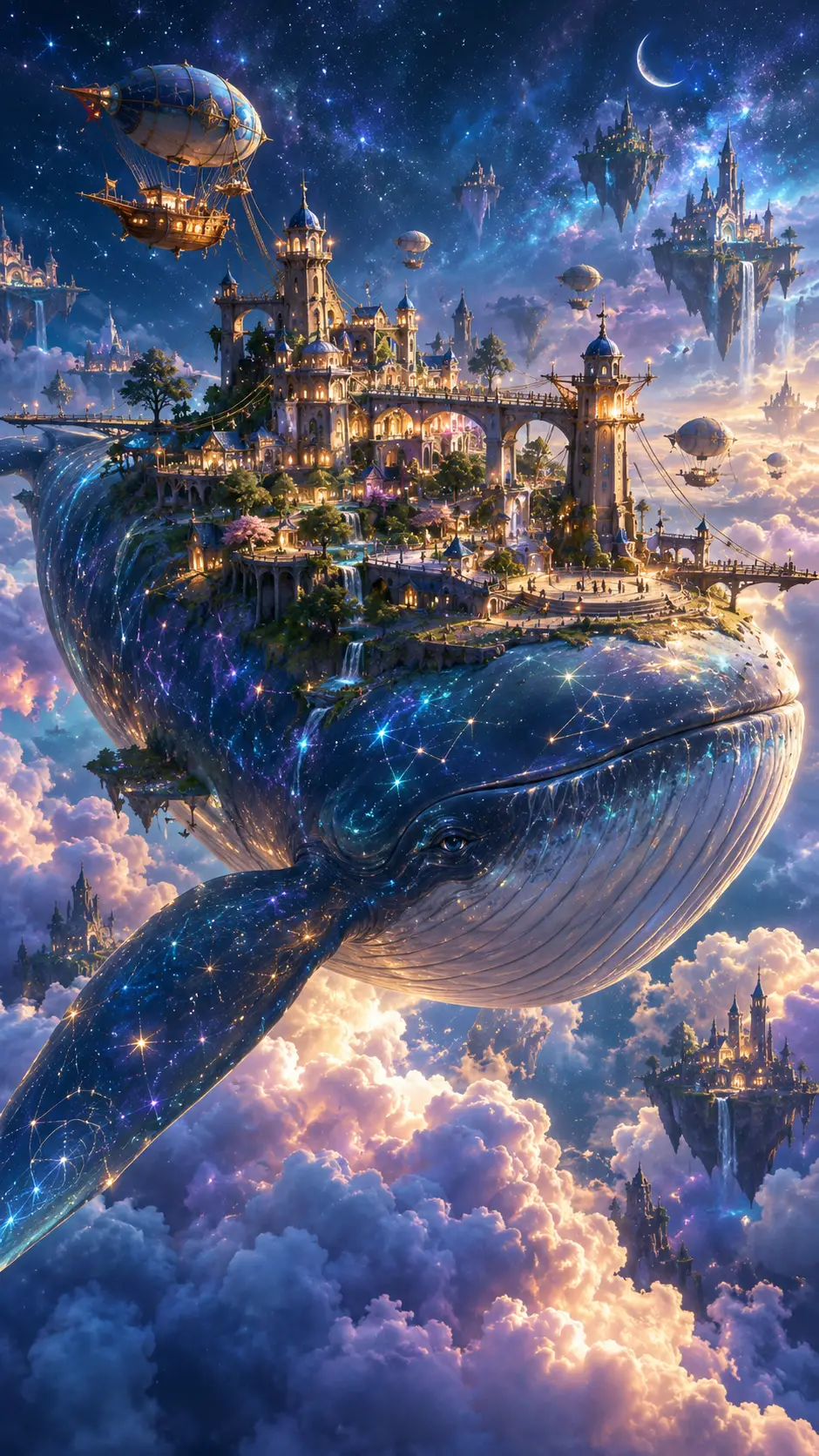 A gentle whale carries a glowing city through the night sky