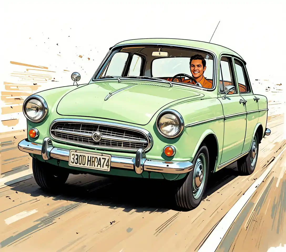 A vintage green sedan drives toward the viewer in comic book style