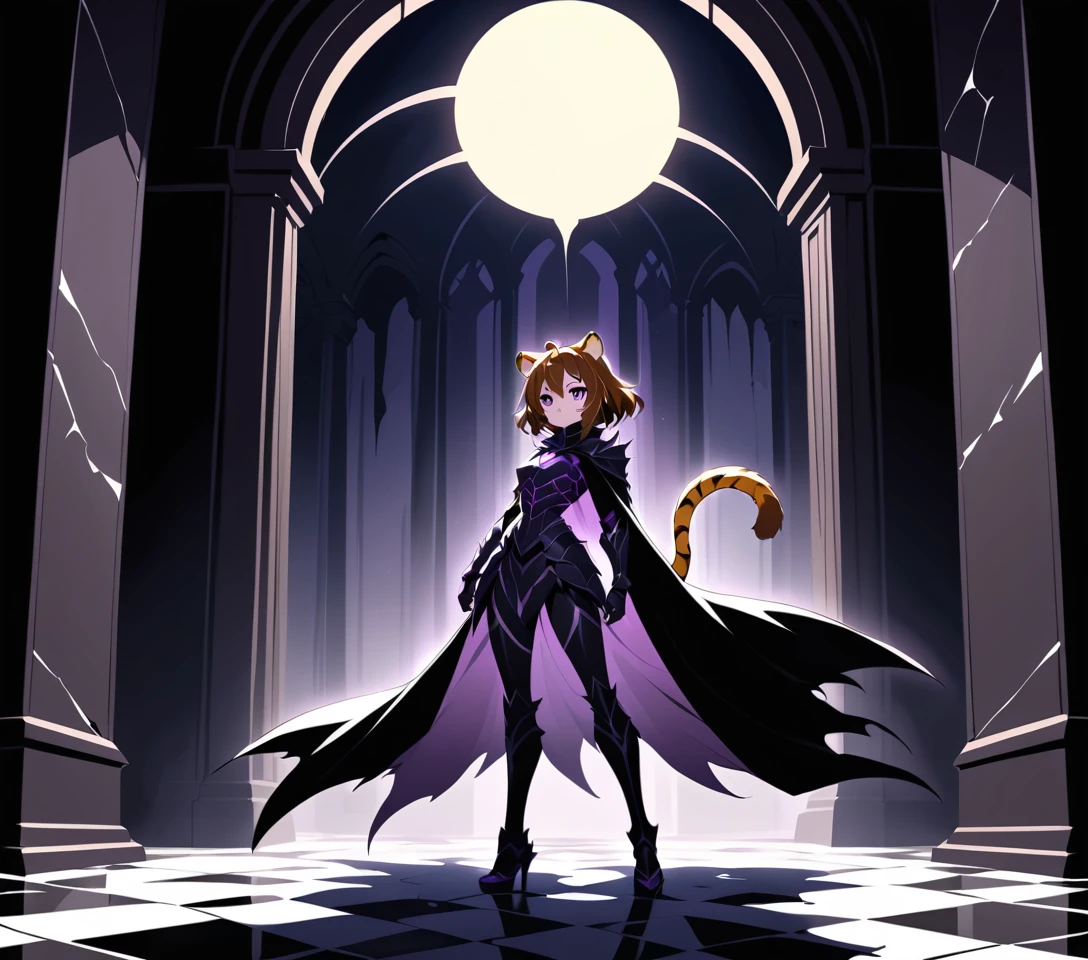 Mujer de anime junto a un trono de obsidiana en el salón de un palacio oscuro