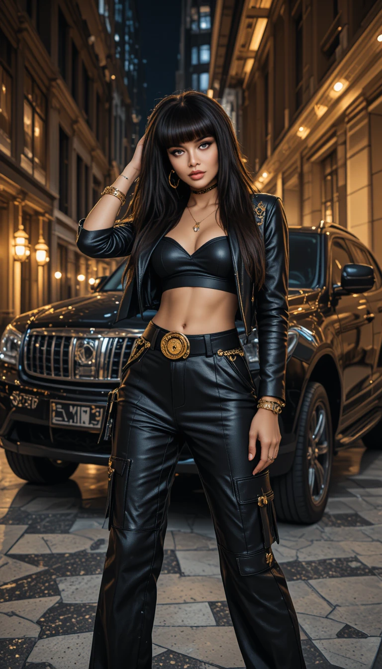 Una mujer glamurosa posa junto a un SUV negro en un deslumbrante paisaje urbano nocturno