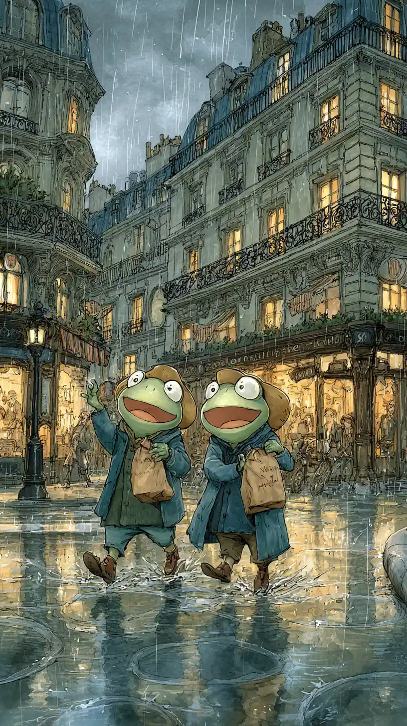 Two frogs laugh along a rain-slicked New York street