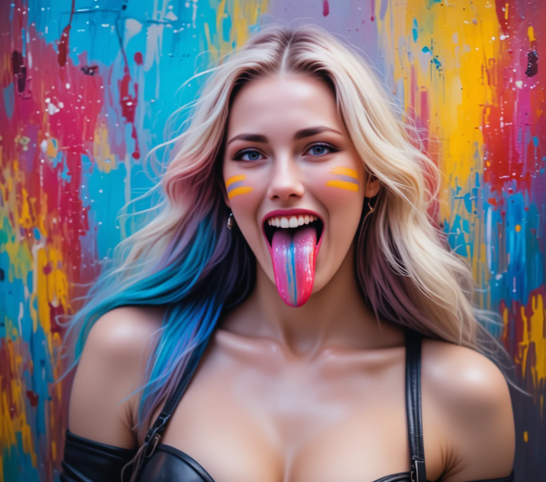Una chica saca la lengua, pintada de azul, rojo y amarillo