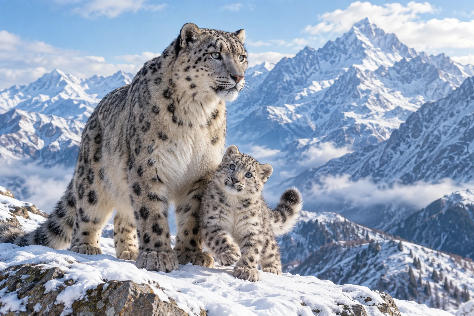 A Snow Leopard Protects Its Playful Cub on a Mountain Plateau