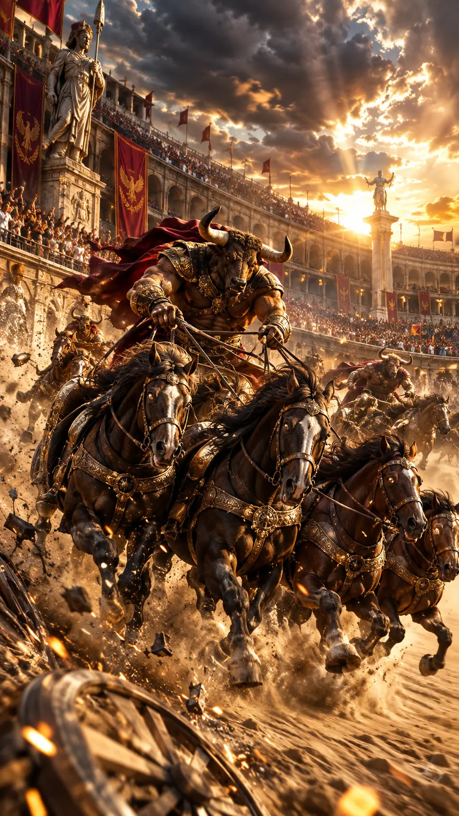 Minotaurs race four-horse chariots through a monumental Roman arena