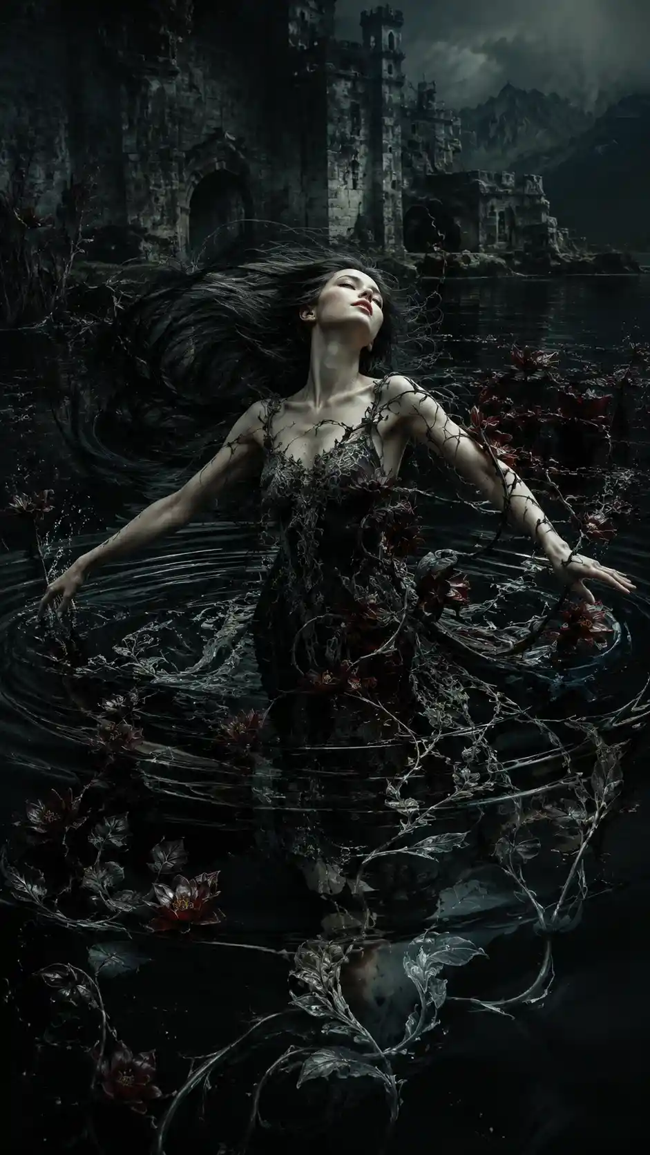 A dancer rises from a dark lake beneath a ruined castle