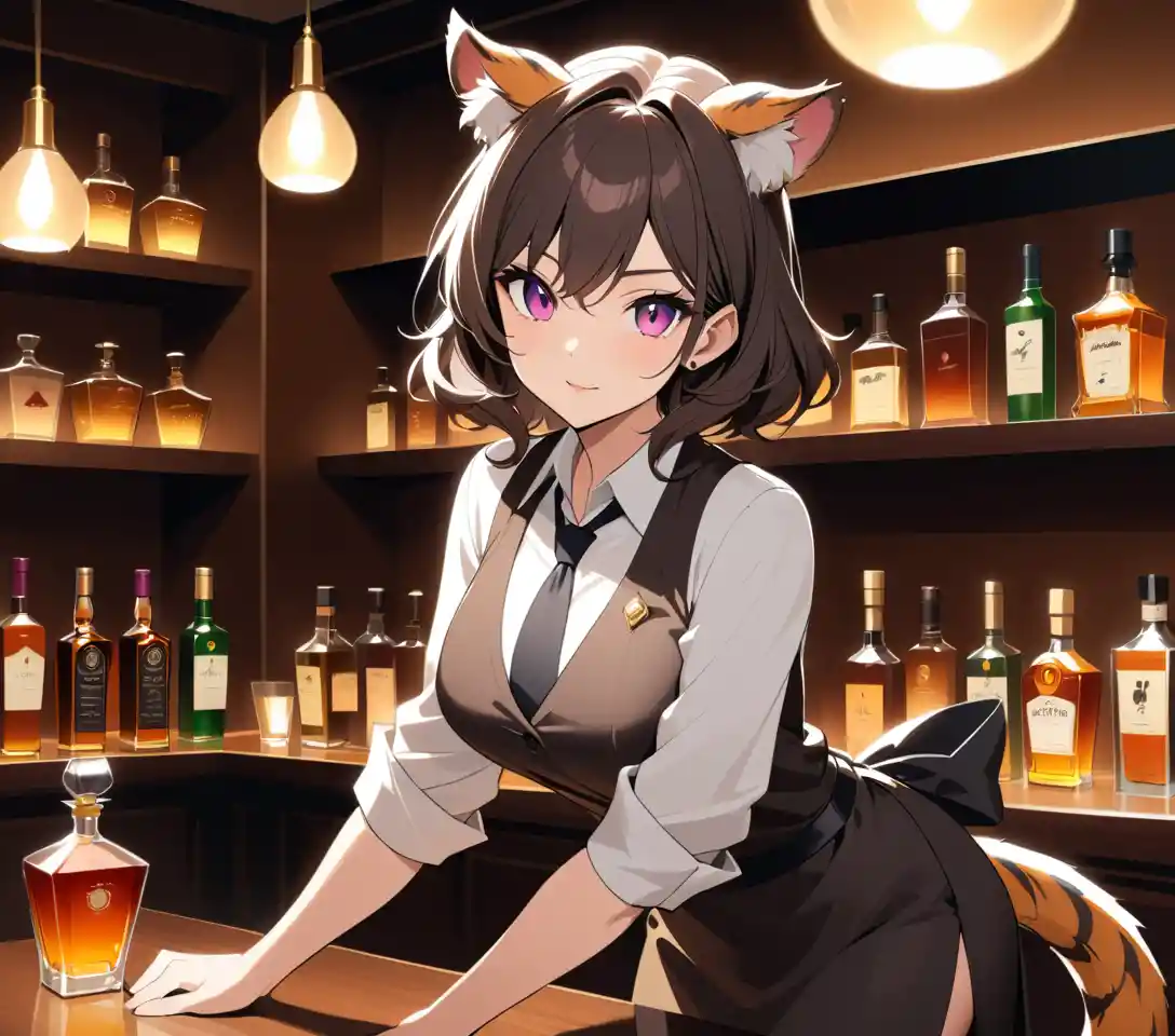 Una mujer tigresa adulta de anime está detrás de la barra de un lujoso bar clandestino