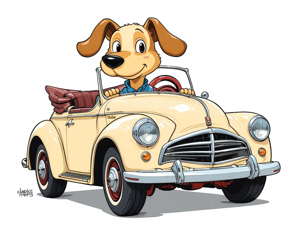 Un alegre perro de dibujos animados conduce un descapotable vintage color crema
