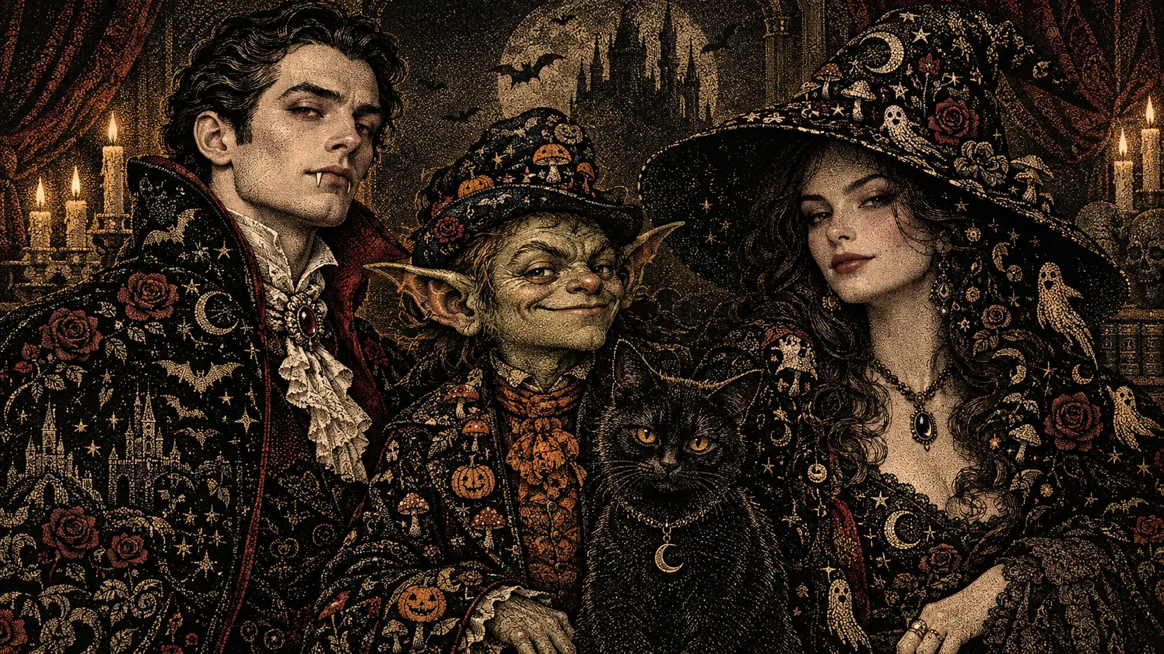 Tres aristócratas de Halloween posan juntos en un simbólico retrato familiar punteado