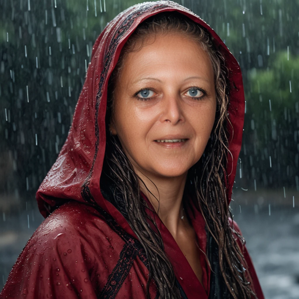A warrior woman turns through heavy rain in a cinematic close-up