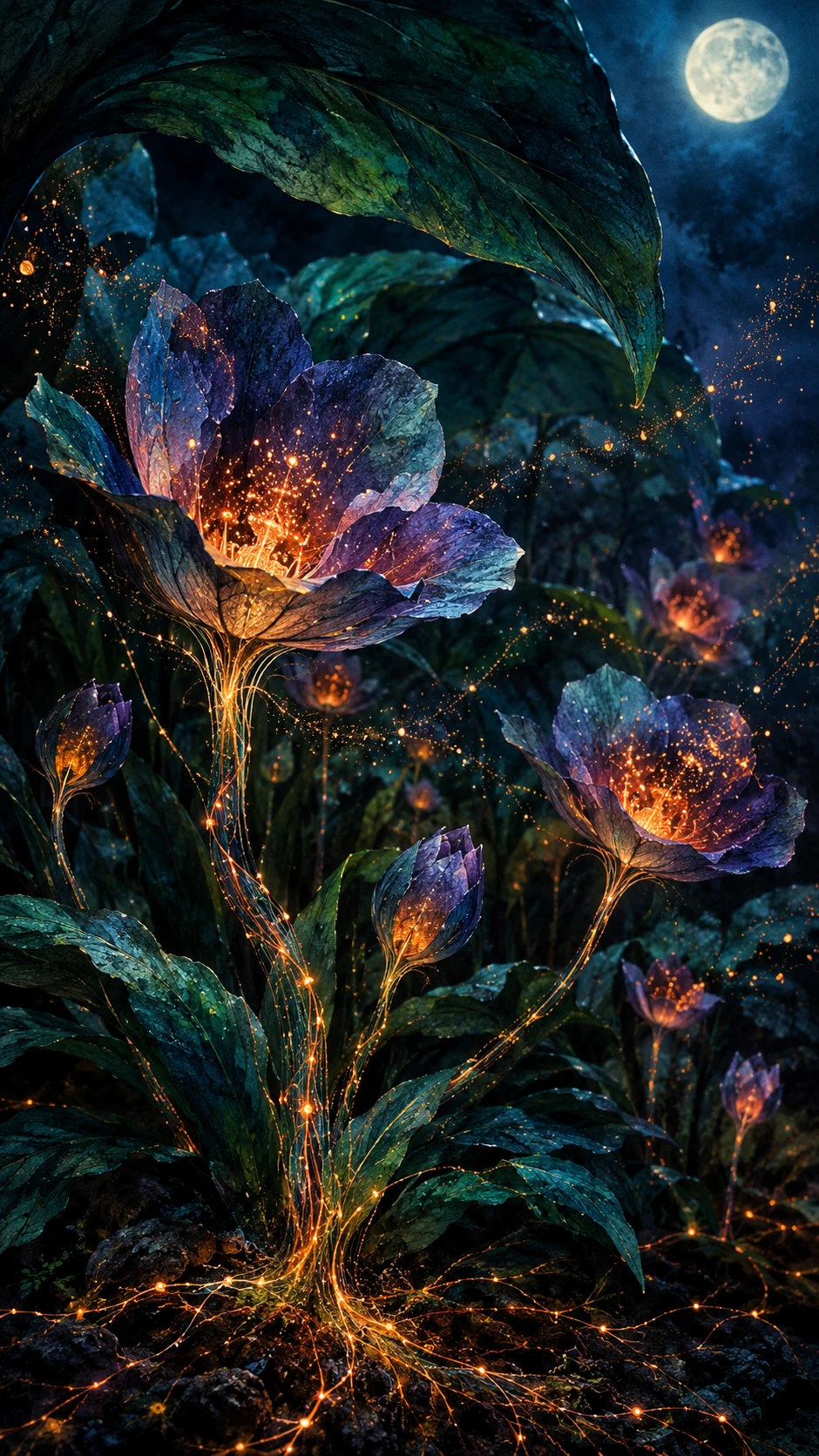 Glowing Flowers Illuminate a Nocturnal Botanical Garden Beneath Enormous Dark Leaves