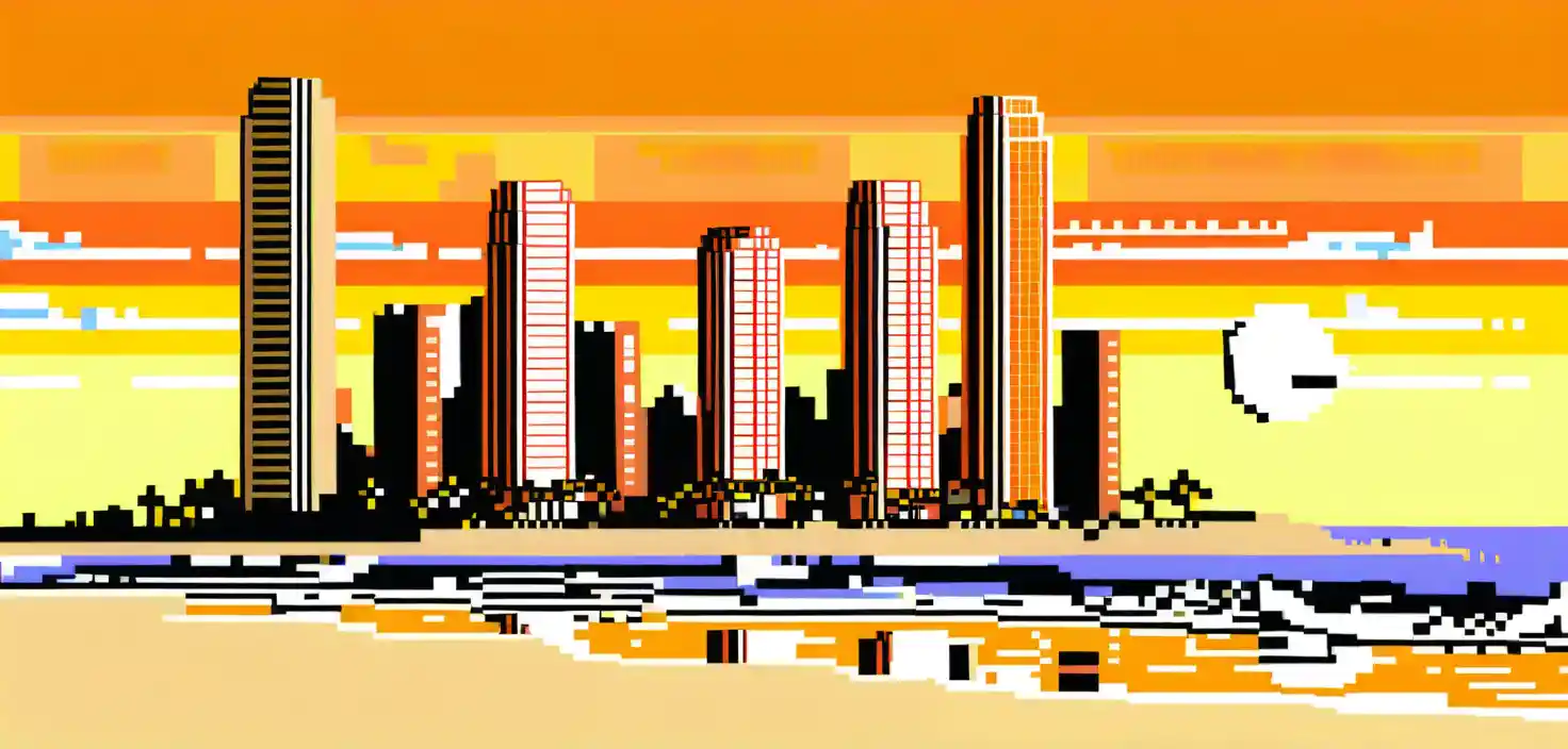 Pixel art skyscrapers made of sand stand beside a citrus sunset