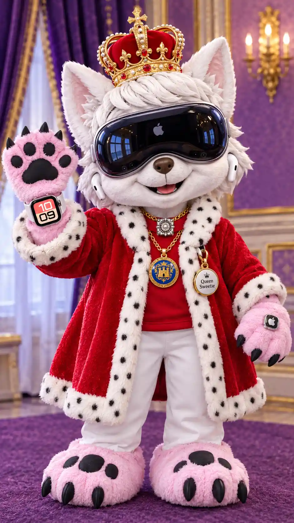 A dog mascot princess wearing a crown, paw mitts, and animal slippers