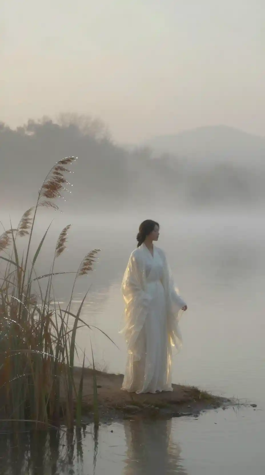 A woman stands beside still water on a misty morning shore
