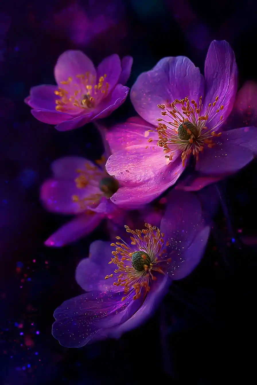 Pink and purple peonies glow with golden details in a fantasy artwork