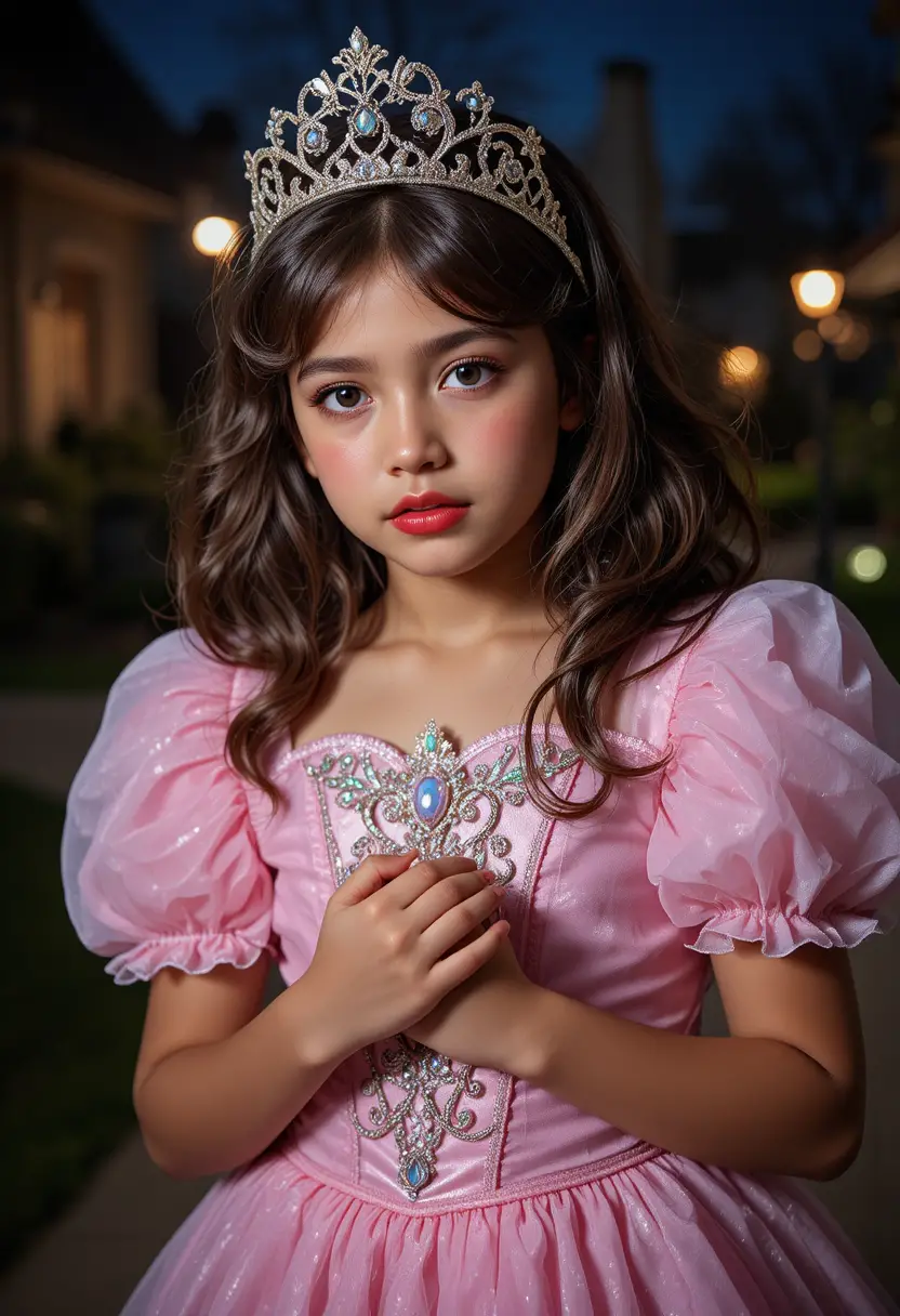Un niño nervioso con un vestido rosa de princesa sale por la noche a pedir dulces