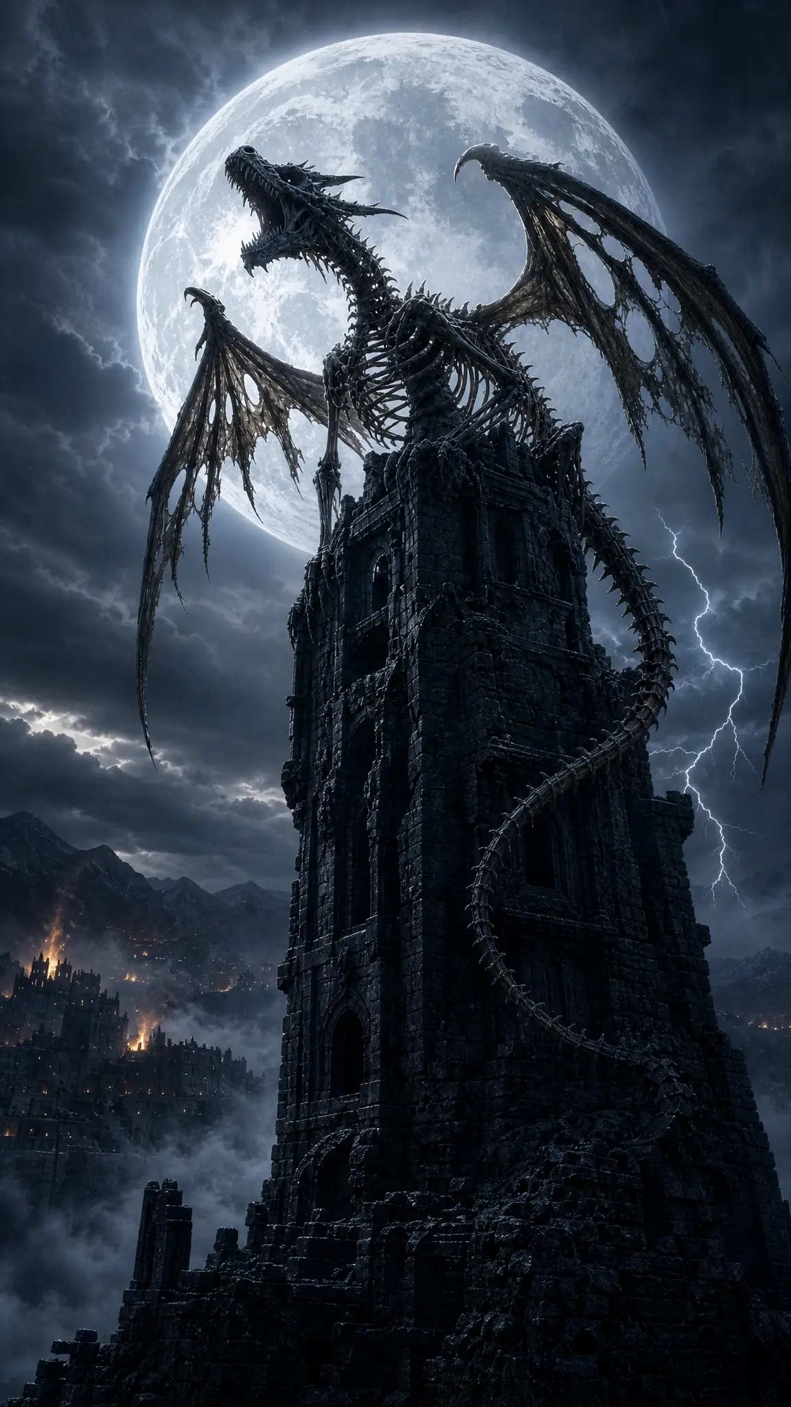 A skeletal dragon perches atop a ruined gothic tower beneath the full moon
